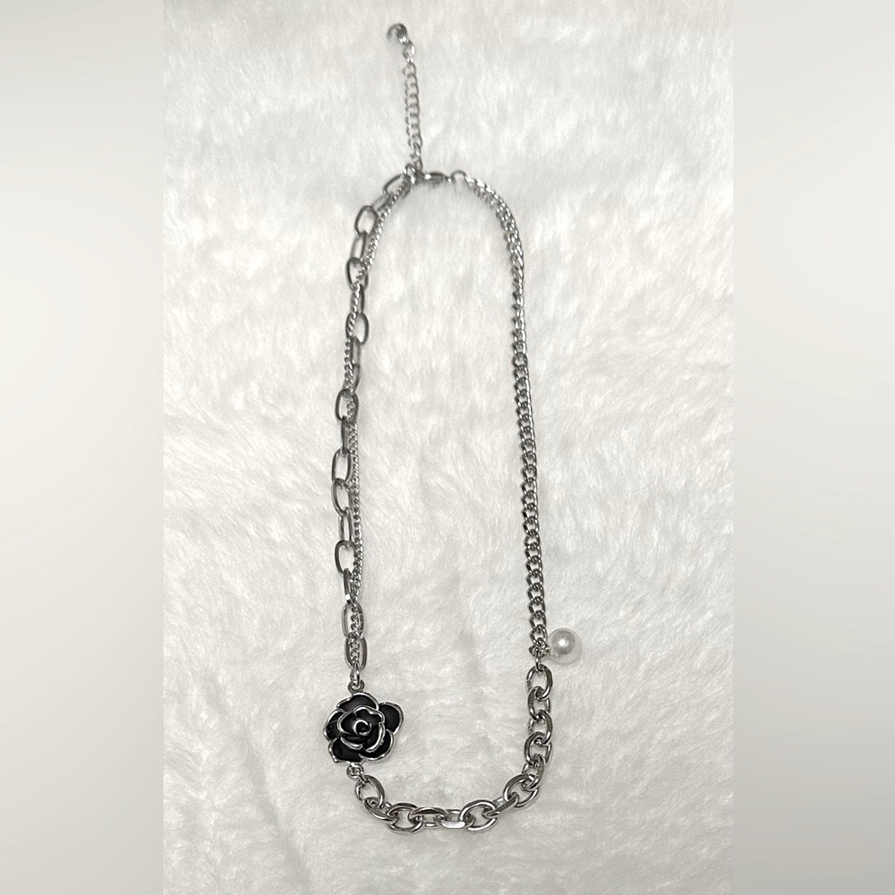 Black Camellia Flower Necklace With Pearl S. Steel Fashion Jewelry